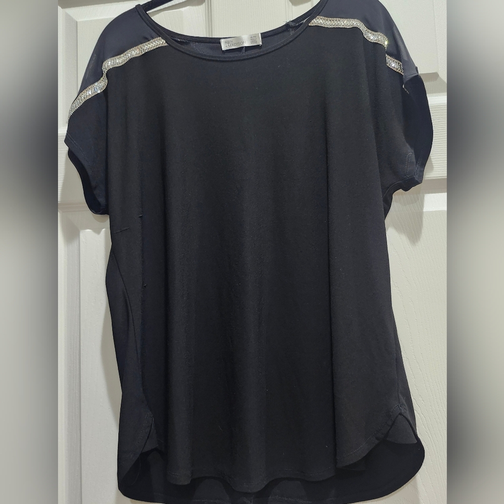 89th and Madison Blouse Size XL Black With Rhinestone Accents Sheer Shoulders